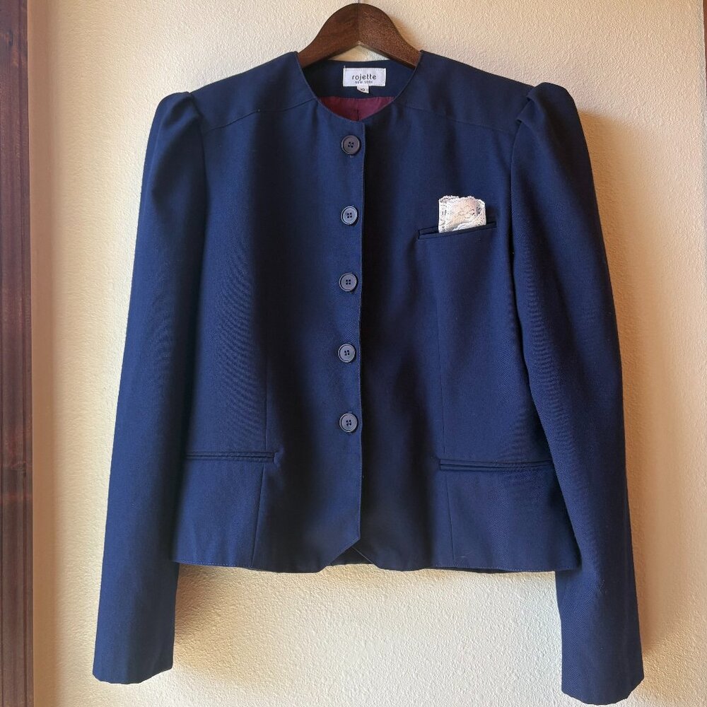 Navy Collarless Button-Up Blazer